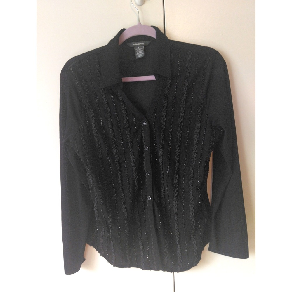 Women's Beaded Button Up Top Size L Black Y2K Corporate Goth Whimsygoth Sheer